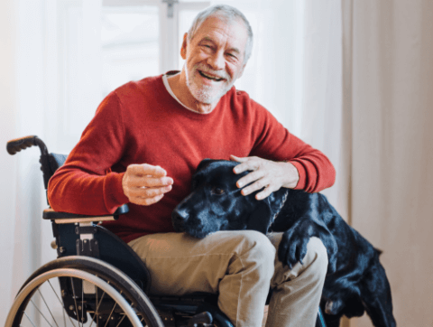 senior man petting a dog on his lap